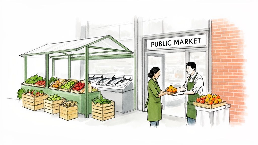 A vibrant public market scene with fresh produce, fish, and a vendor assisting a customer.