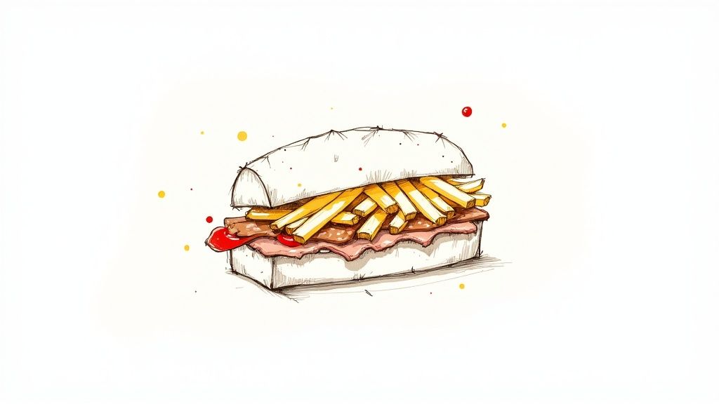 Cartoon illustration of a savory sandwich filled with crispy French fries, bacon, and bright red ketchup.