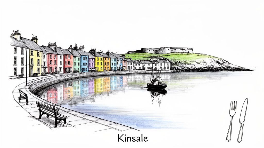 Vibrant line drawing of Kinsale, Ireland, featuring colorful houses, a harbor, and a distant fort.