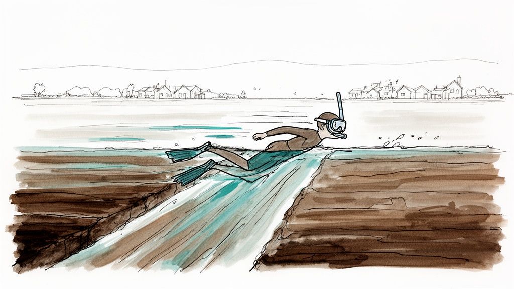 A person in a wetsuit, mask, snorkel, and fins, swimming in a narrow, watery channel with distant houses.