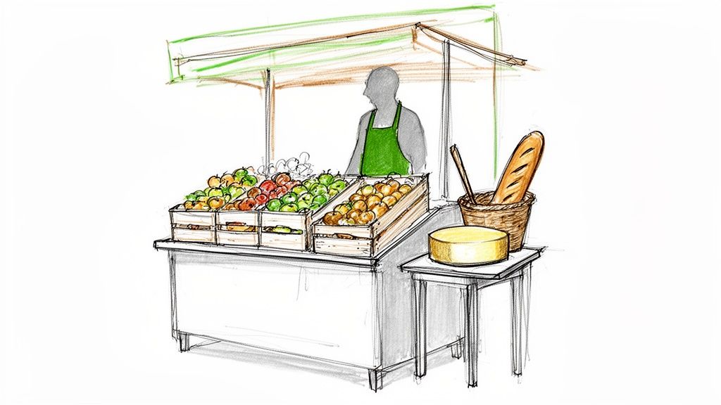 An illustration of a vibrant market stall with a vendor, fresh apples, a baguette, and cheese.