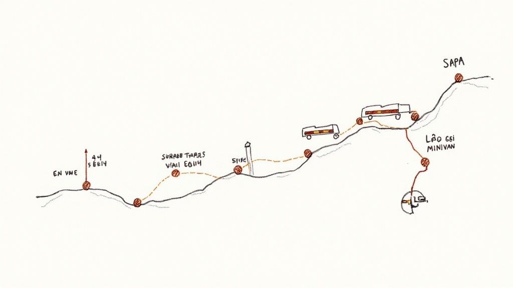 Hand-drawn travel map illustrating a train route and transfer to Sapa via Lao Cai minivan.