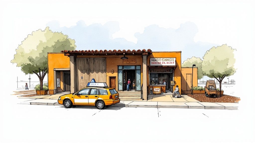 Southwestern style roadside rest stop building with orange walls, taxi parked outside in Mexico