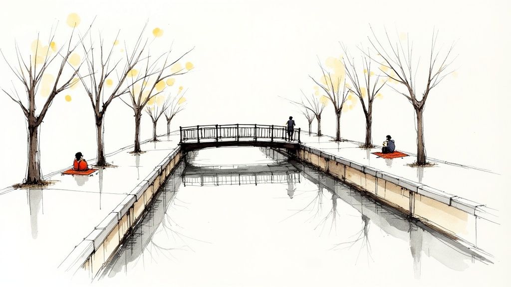 A serene watercolor painting of a canal with a bridge, bare trees, and people relaxing on its banks.