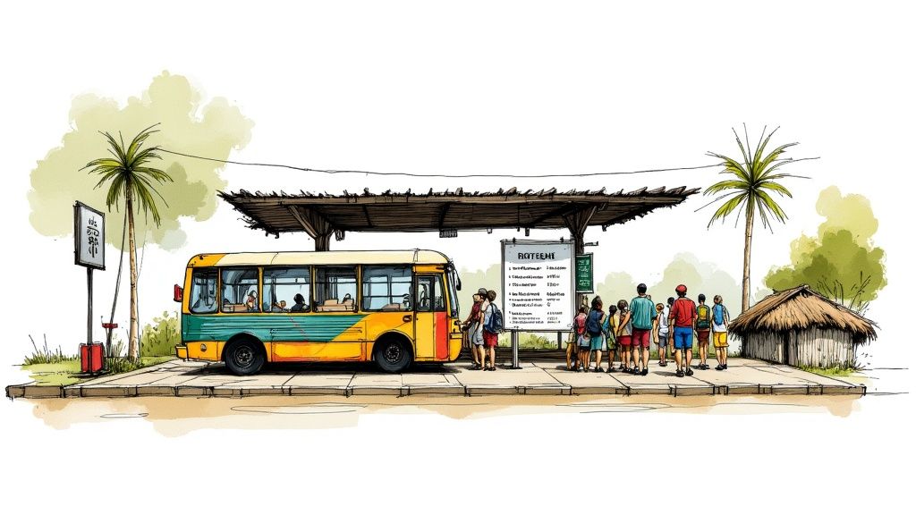 A colorful bus waits at a tropical bus stop, with people lining up and palm trees nearby.
