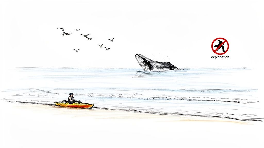 Sketch of a person kayaking near a breaching whale and flying seagulls, with a 'no exploitation' sign.