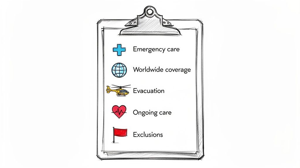 A clipboard lists key health insurance features: emergency care, worldwide coverage, evacuation, ongoing care, and exclusions.