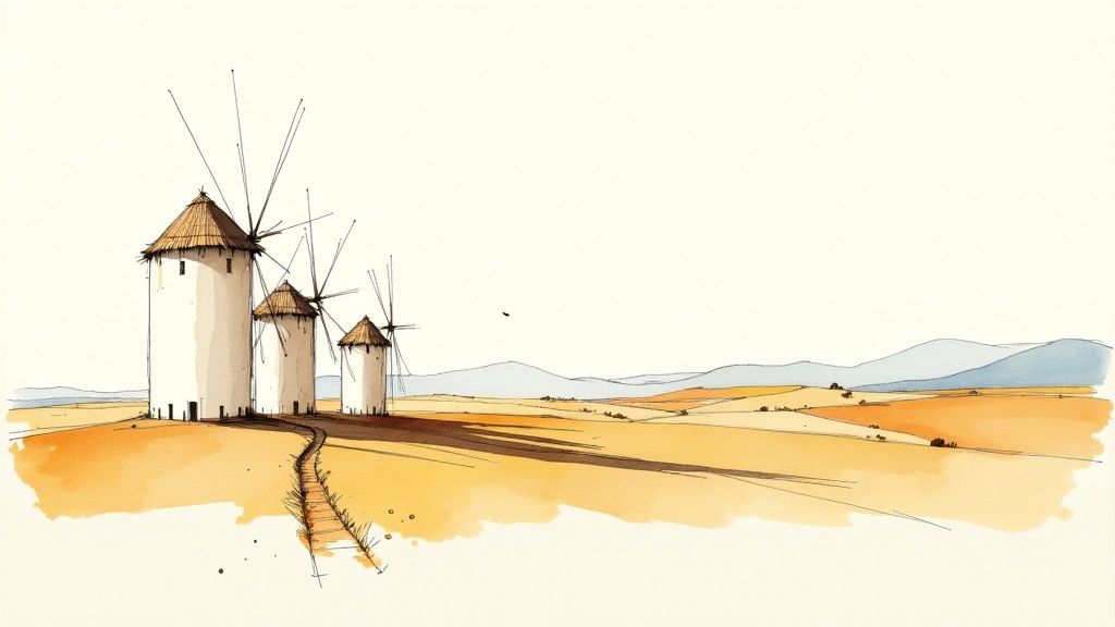 Watercolor illustration of three traditional Spanish windmills in golden countryside landscape near Madrid