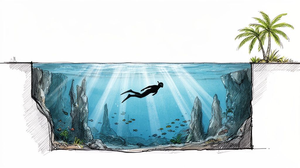 A vibrant illustration of a snorkeler exploring a sunny underwater cenote with rock formations and fish.