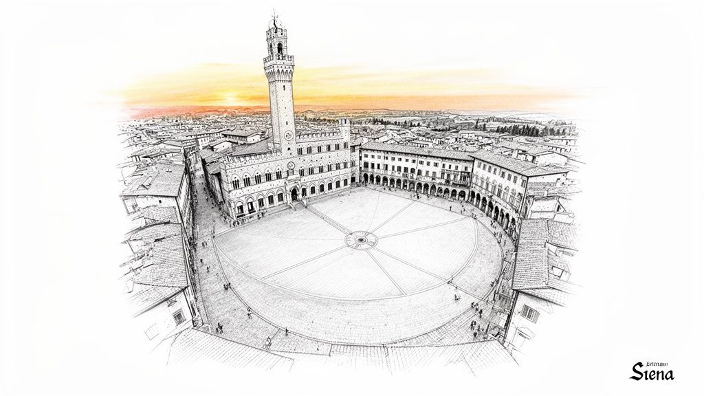 Detailed sketch of Siena's Piazza del Campo with Palazzo Pubblico, Torre del Mangia, and sunset sky.