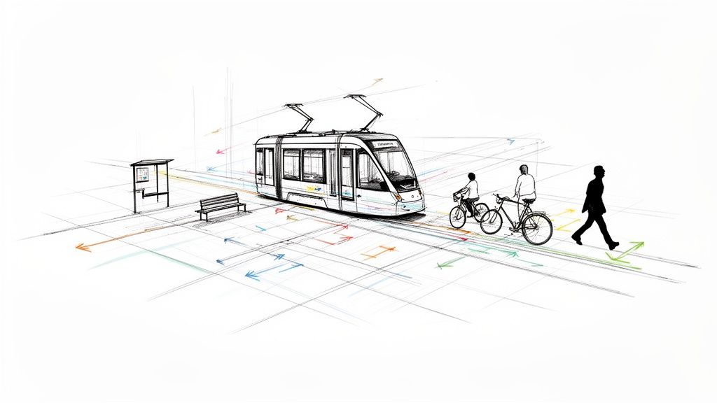 Urban sketch illustrating sustainable transport: tram, cyclists, and a pedestrian with flow lines.