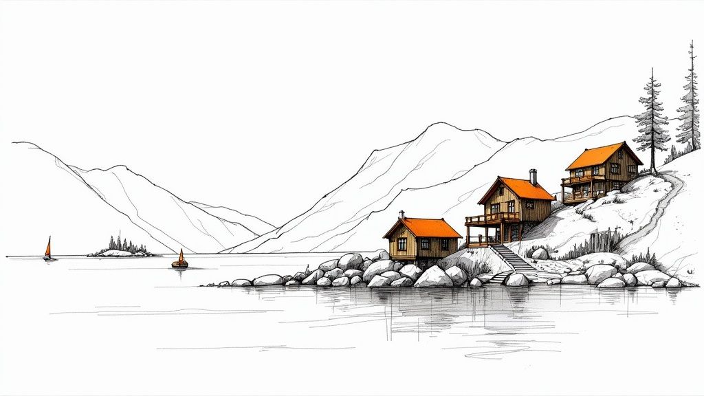 Detailed sketch of waterside cabins with orange roofs, mountains, and sailboats on a lake.