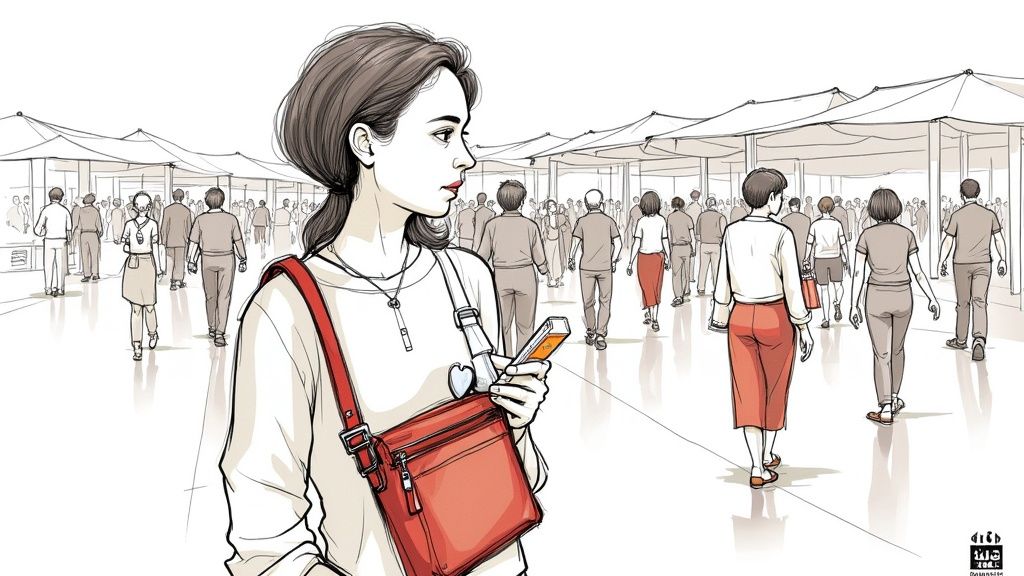 A solo traveler with a backpack looking out over a scenic, sunlit valley, appearing confident and prepared.