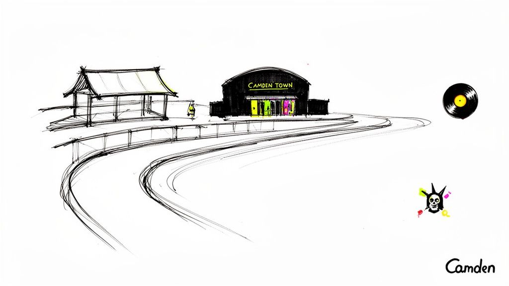 Sketch illustrating Camden Town with market, station, vinyl record, and punk skull icon.