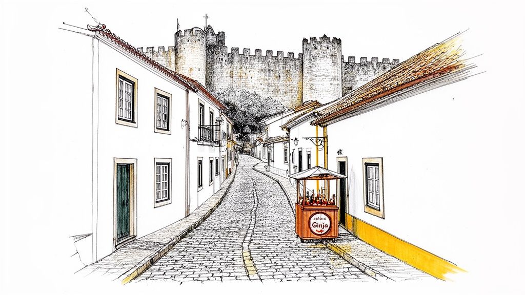 An artistic illustration of a charming Portuguese street with white houses leading to a historic castle, featuring a Ginja stand.