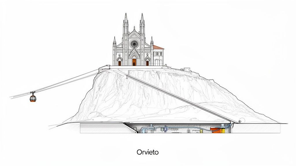 A detailed cross-section diagram of Orvieto's hill, showing the cathedral, funicular, and underground structures.