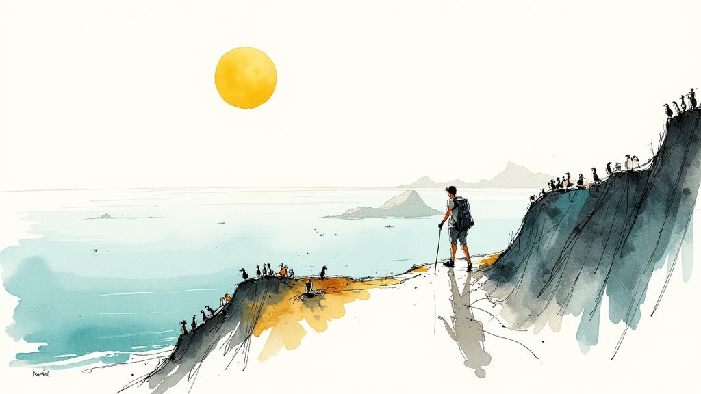 A watercolor illustration of a hiker on a coastal cliff, observing penguins by the ocean under a bright sun.