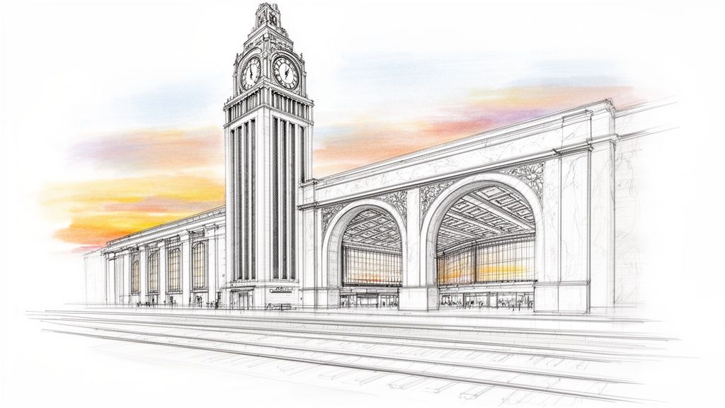Architectural sketch of a grand train station with a tall clock tower and train tracks under a colorful sky.