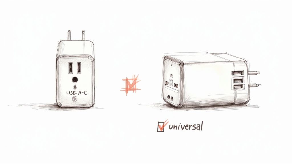 Sketch comparing a standard USB wall charger with a versatile universal travel power adapter.