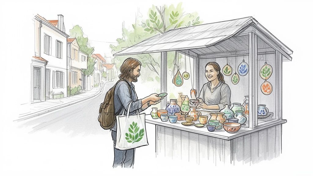 A man buys handmade pottery from a smiling woman at an outdoor market stall.