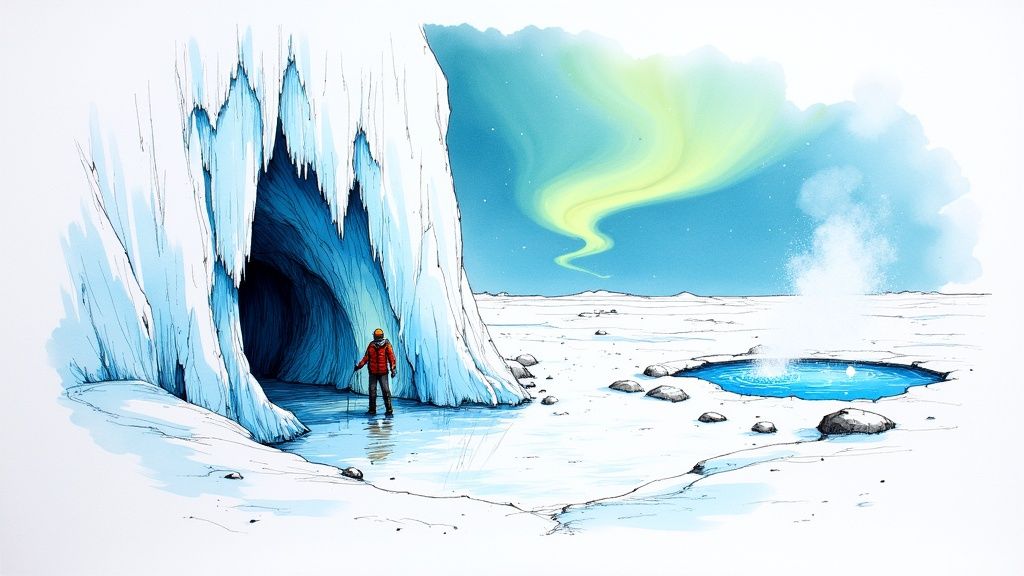 A person exploring an ice cave under the northern lights, with a steaming geyser in an icy landscape.