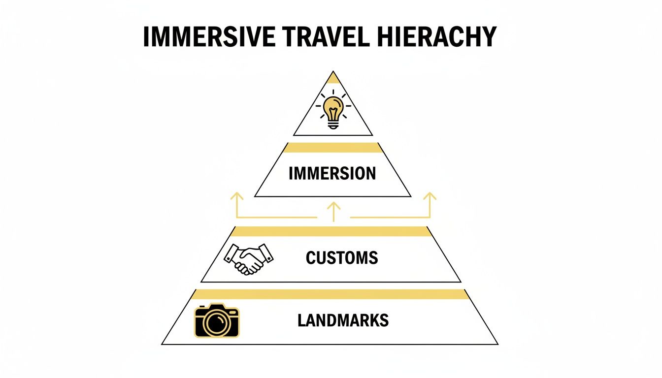 Immersive Travel Hierarchy pyramid diagram with Landmarks, Customs, and Immersion levels.