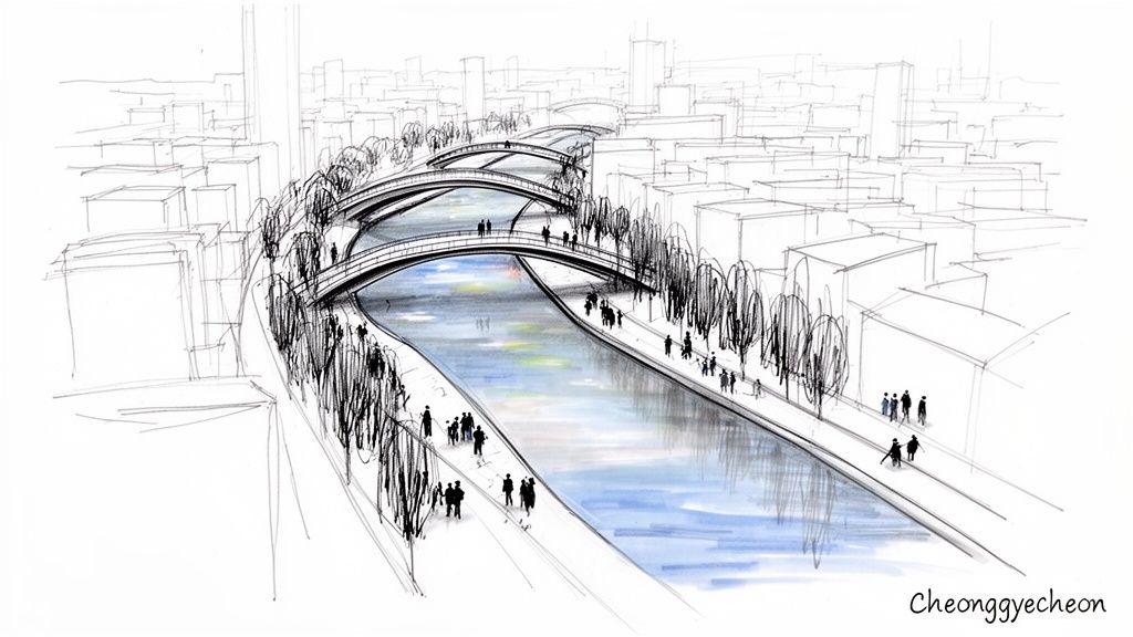 A detailed sketch of Cheonggyecheon canal in Seoul, showing bridges, people, and surrounding city buildings.
