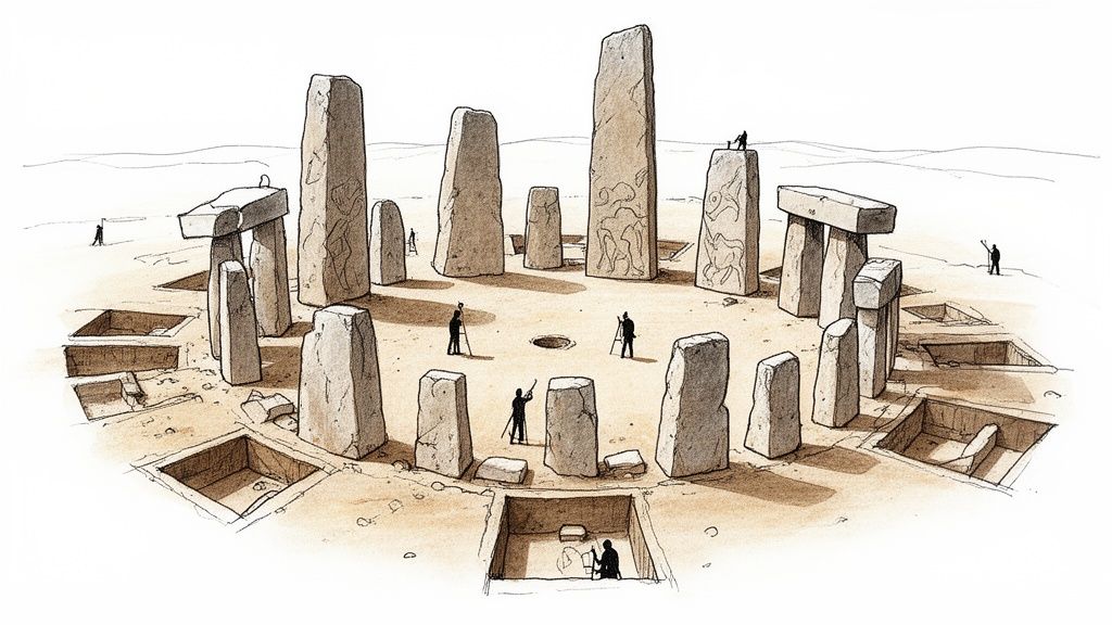Illustration depicting archaeologists excavating an ancient megalithic site with carved T-shaped pillars.