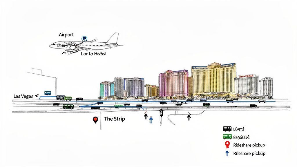 A diagram illustrating transportation options from the airport to hotels and around The Strip in Las Vegas.