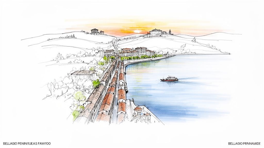 Watercolor sketch of Bellagio on Lake Como at sunset, showing lakeside buildings, a boat, and hills.