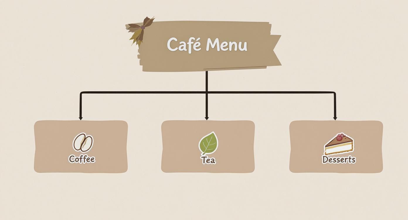 A simple café menu diagram illustrating categories for coffee, tea, and desserts with respective icons.