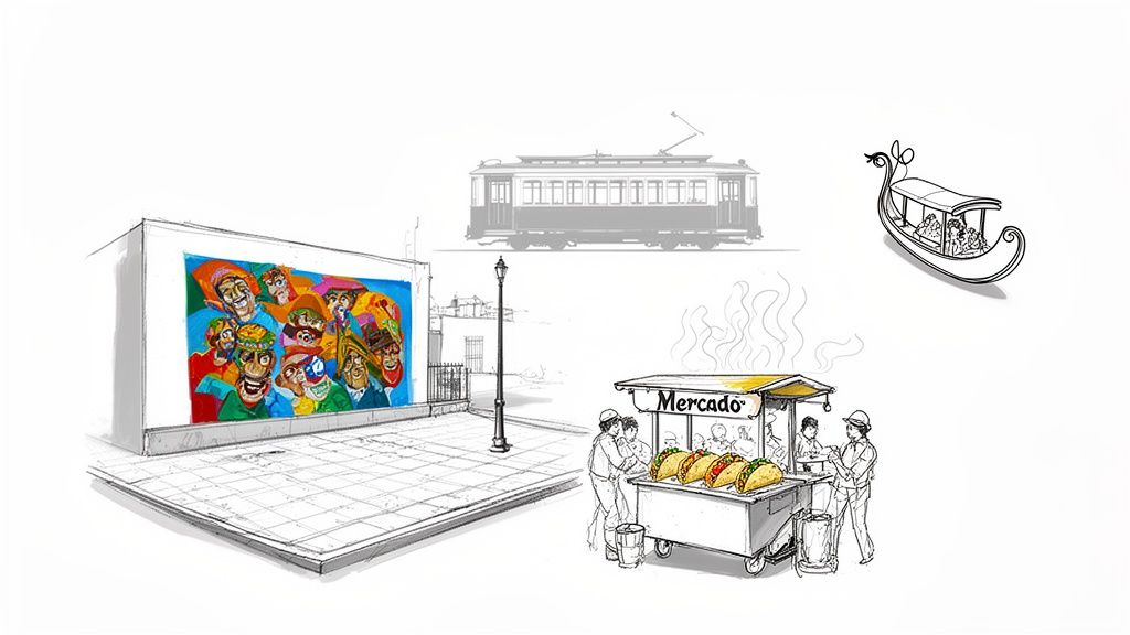 An illustration featuring a colorful street mural, a bustling taco stand, a vintage tram, and a traditional boat, depicting cultural travel.