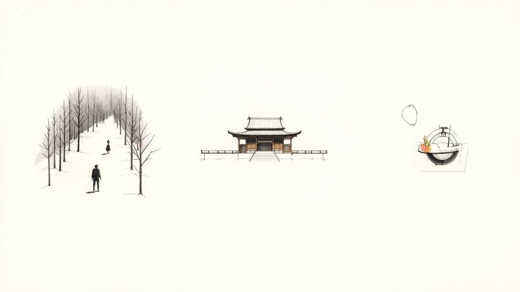 A serene forest path in Nara, Japan, with moss-covered stone lanterns lining the way.