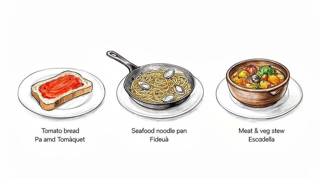 Three illustrated traditional Catalan dishes: tomato bread, seafood noodles in a pan, and meat stew.