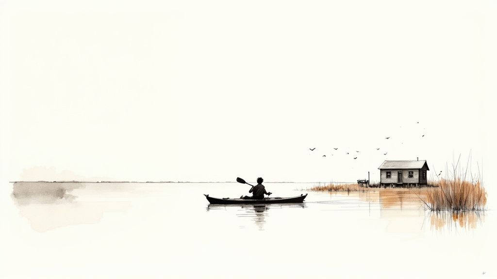 A minimalist watercolor painting shows a person kayaking on serene water towards a rustic cabin and tall reeds.