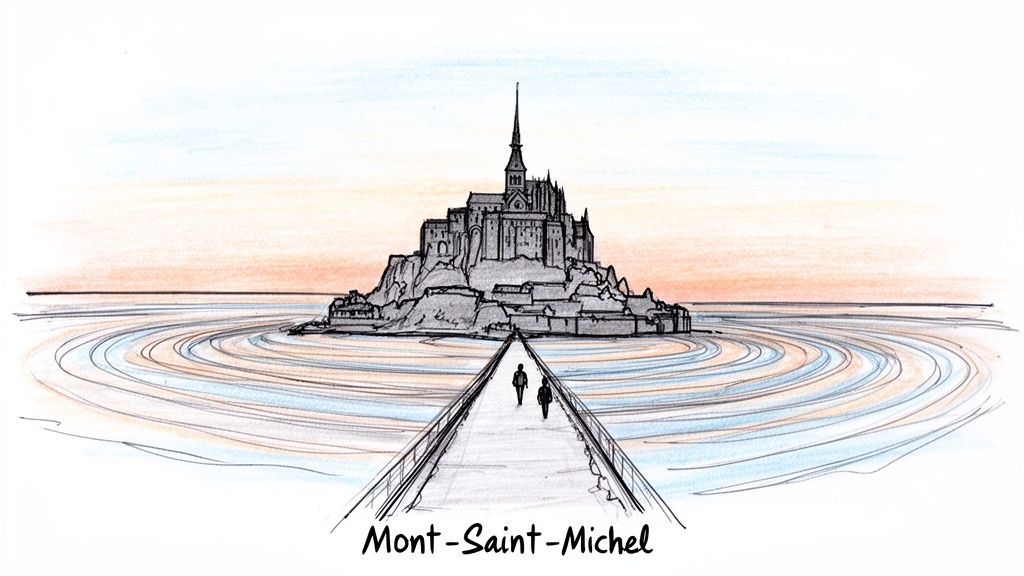 A watercolor sketch of Mont-Saint-Michel, a majestic abbey on a tidal island connected by a causeway.