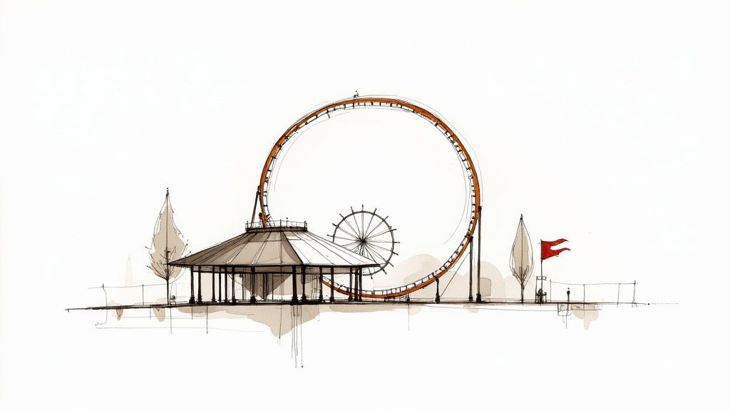 A detailed sketch of an amusement park featuring a prominent roller coaster loop, a gazebo, and a Ferris wheel.