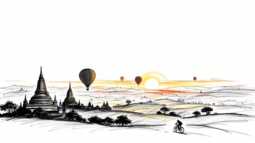 A serene sunrise over ancient pagodas, with hot air balloons floating and a cyclist on a road.