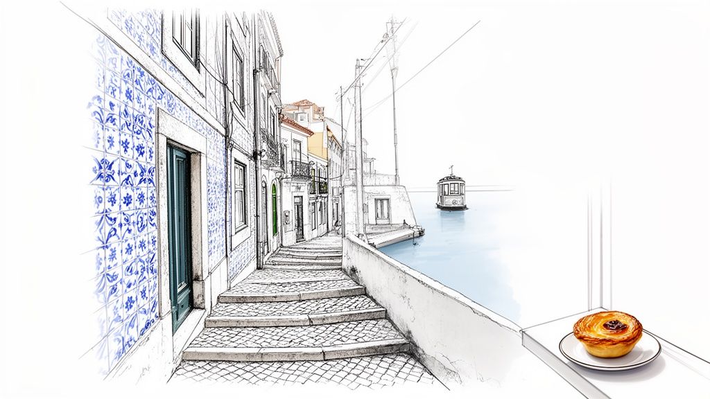 Hand-drawn sketch of a charming Lisbon street with tiled buildings, a boat on the water, and a pastel de nata.