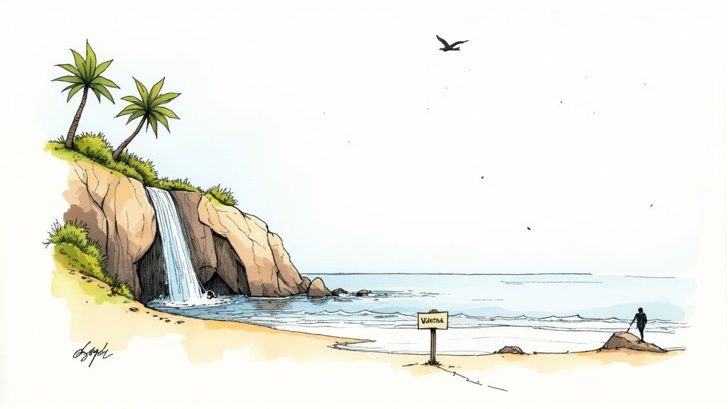 A vibrant watercolor illustration of a tropical beach with a waterfall, palm trees, and a lone figure.