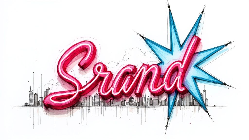 A vibrant drawing of the word 'Grand' in neon red, with a blue starburst and cityscape.