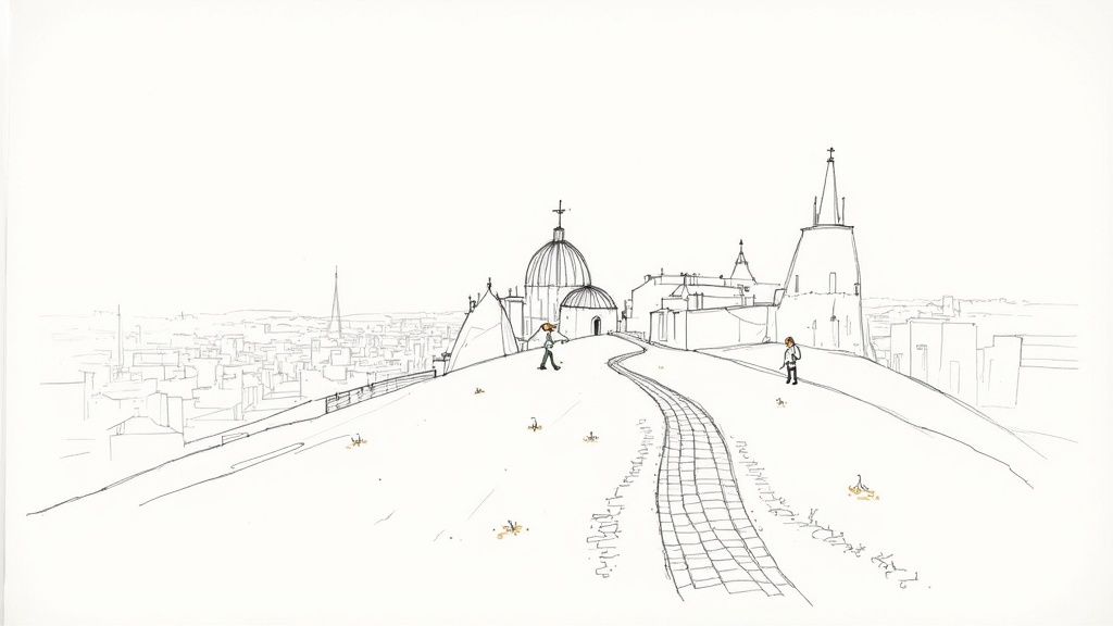 A detailed sketch of a hilltop city with a large dome church, two figures, and a winding path.