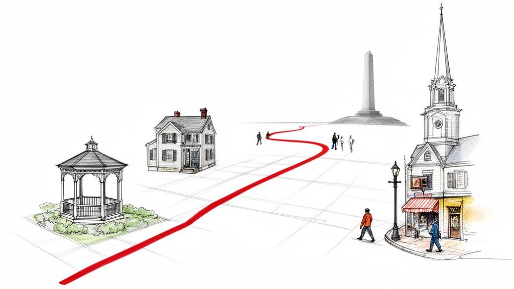 Illustrated view of a town's red path connecting historical buildings, a monument, and pedestrians.