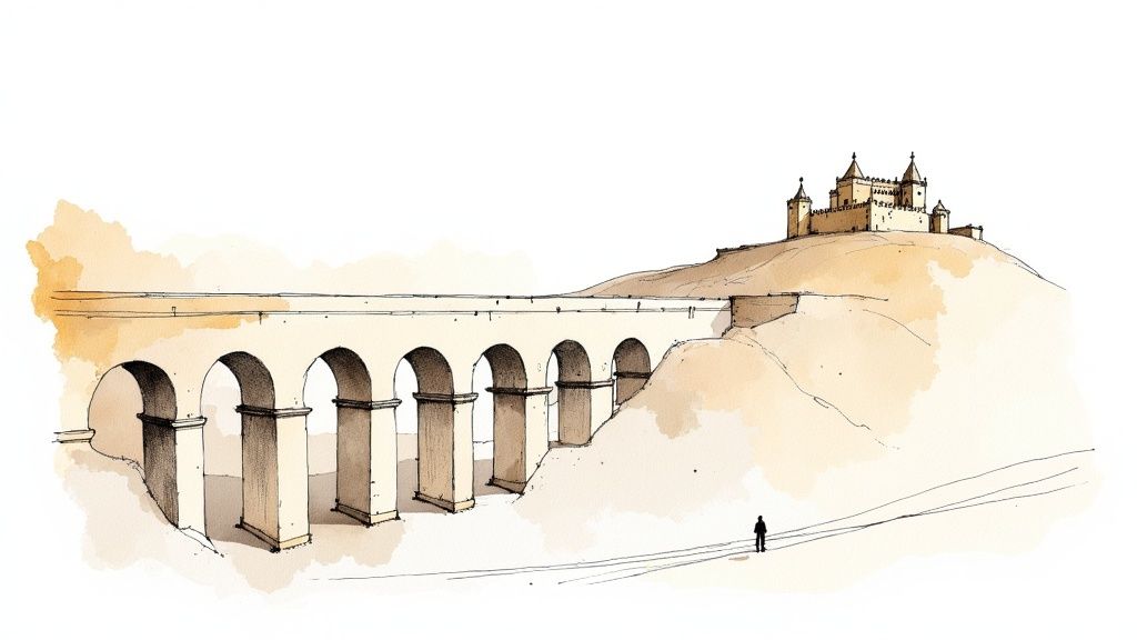 Watercolor illustration of medieval castle on hill with arched stone bridge and solitary traveler