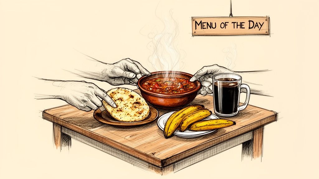 A sketch illustration of hands sharing a traditional Colombian meal with soup, flatbread, bananas, and coffee.