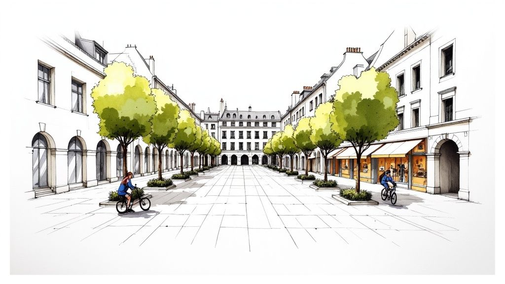 A charming watercolor drawing of a tree-lined Parisian square with cyclists and elegant buildings.