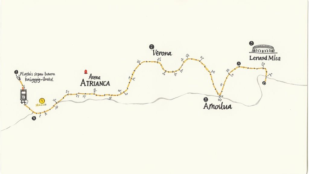 A whimsical, hand-drawn map illustrating a train journey from Venice to Milan with cities and landmarks.