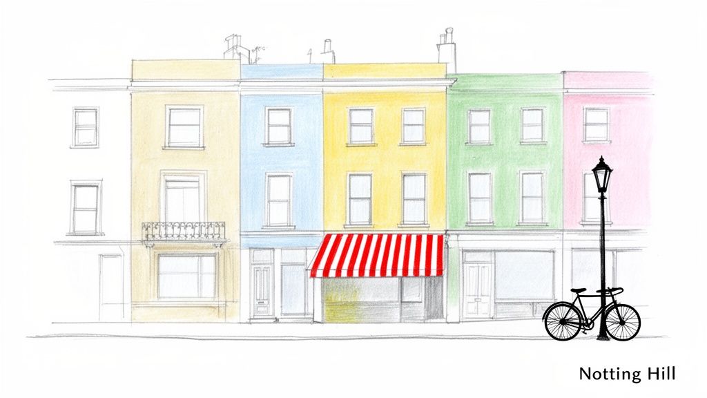 A watercolor illustration of colorful Notting Hill houses with a bicycle and street lamp.