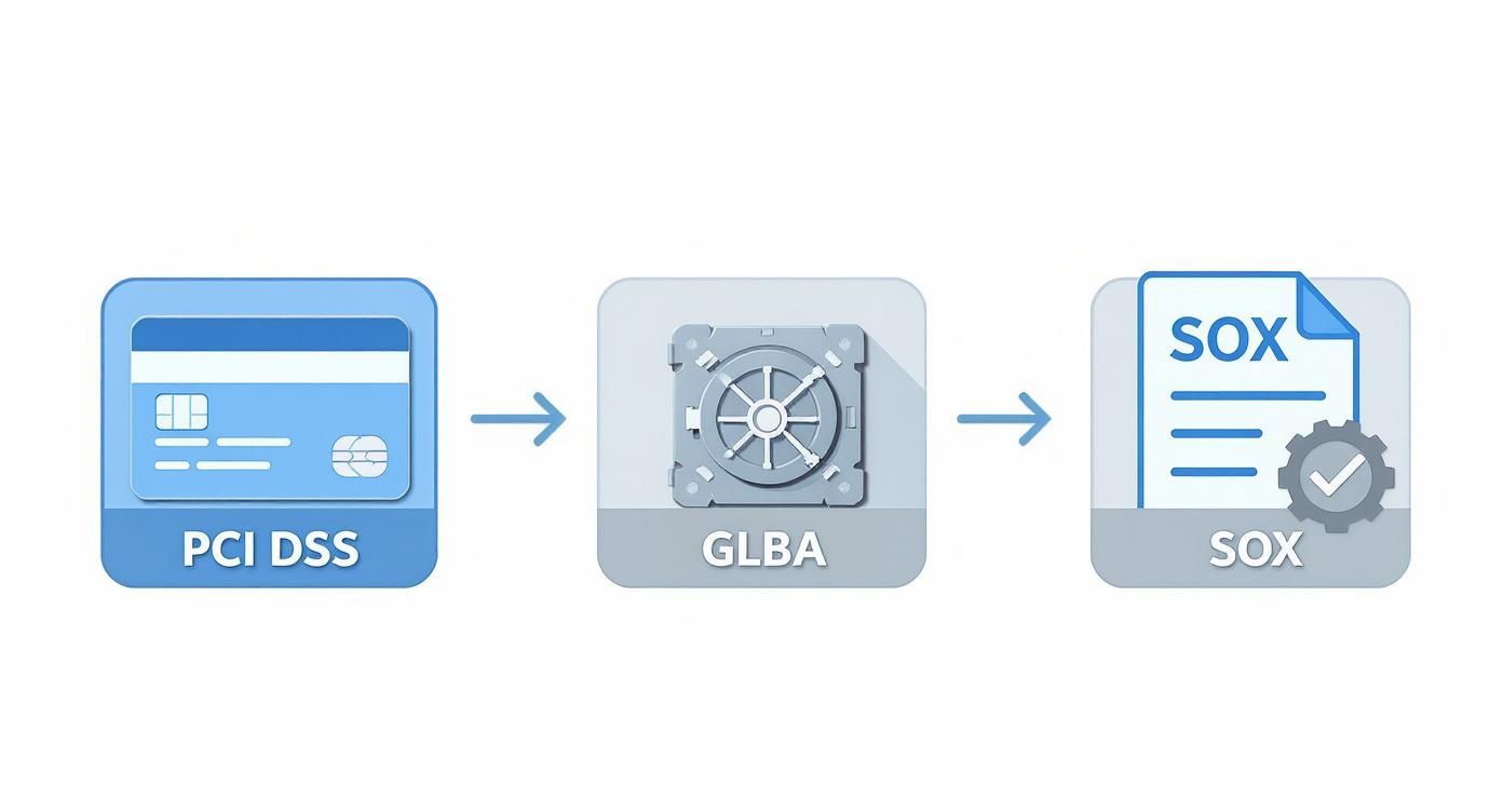A diagram illustrating the flow of financial compliance standards: PCI DSS, GLBA, and SOX.
