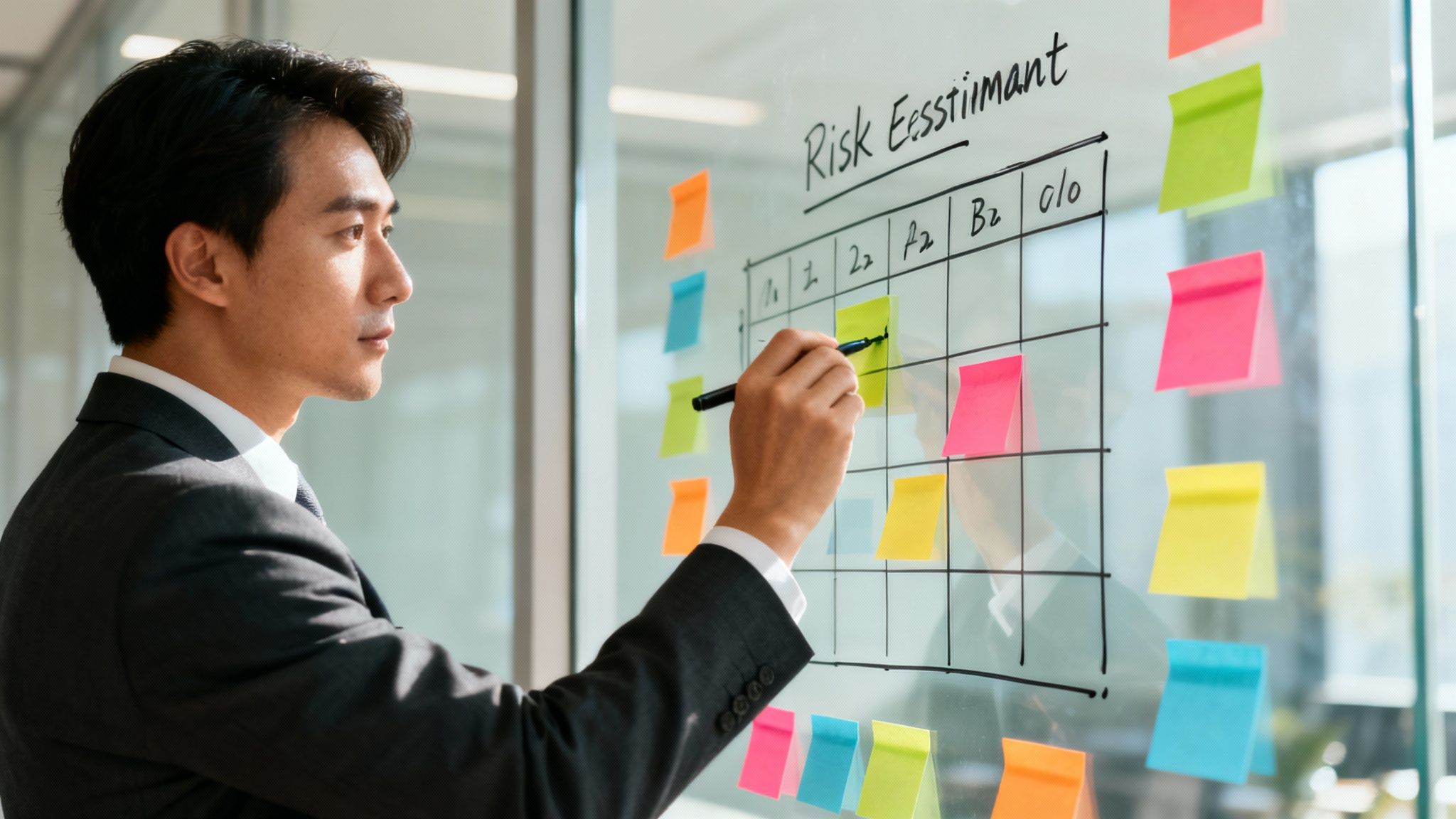 A person using a new laptop with a digital overlay of risk assessment icons and graphs, visualizing the process of a business impact analysis.